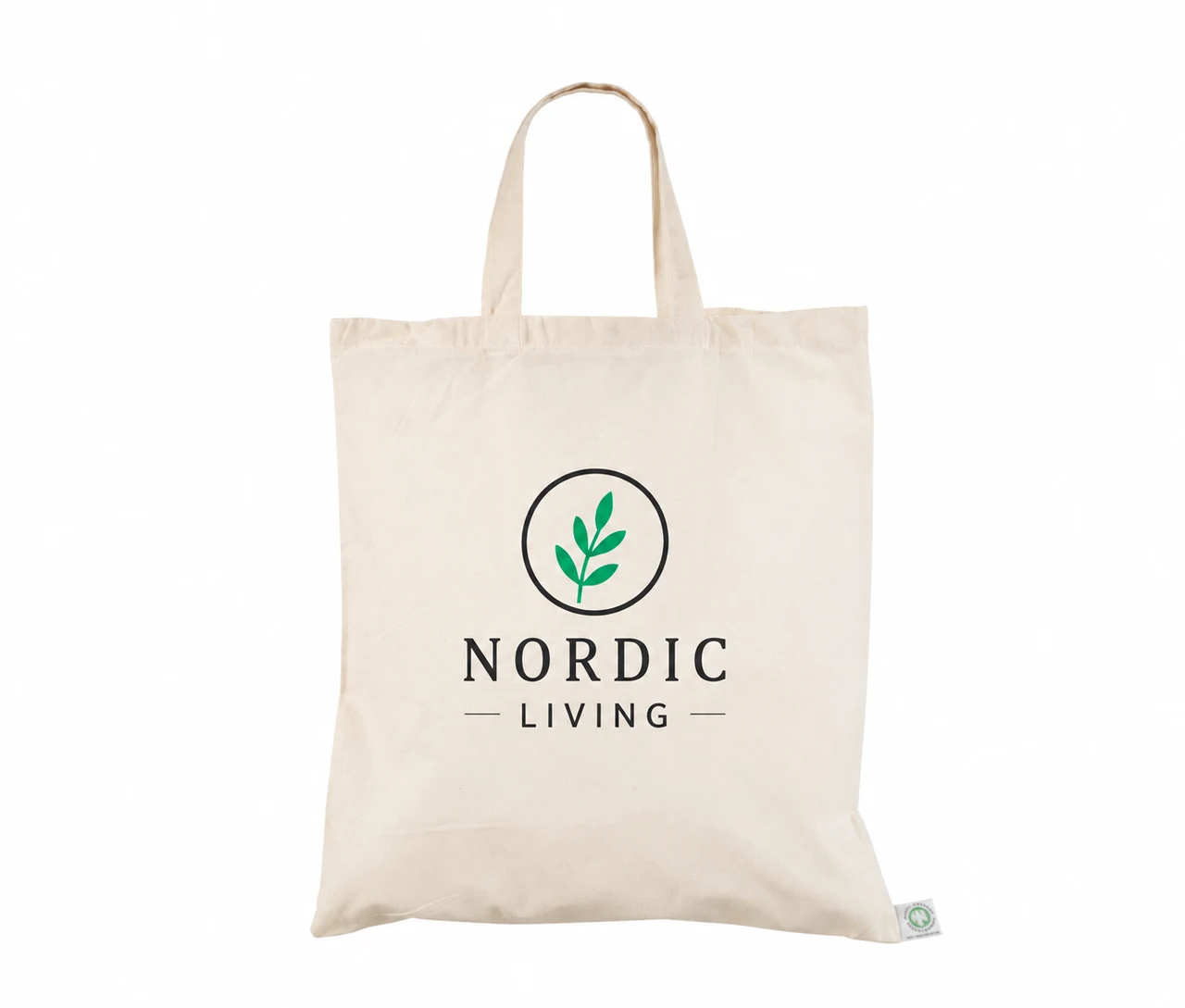 Økologisk bomuldspose, korte hanke, med eksempel på logotryk i to farver – natur