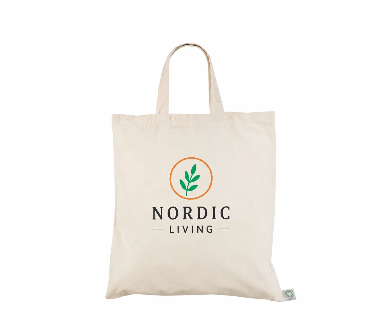 Økologisk bomuldspose, korte hanke, med eksempel på logotryk i tre farver – natur