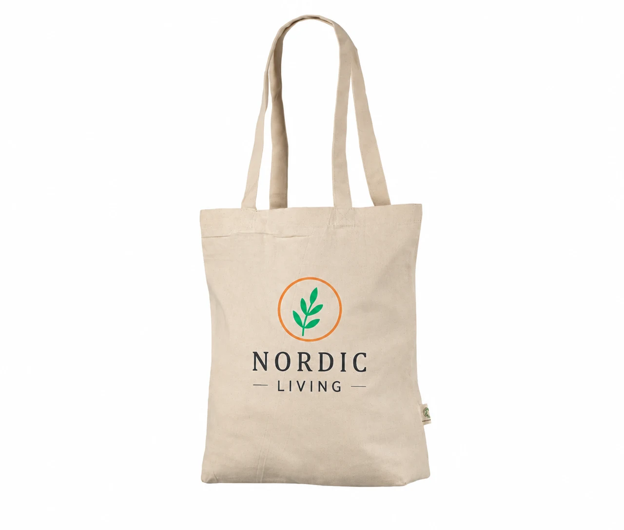 Økologisk bomuldspose, bundfals, med eksempel på logotryk i tre farver – natur