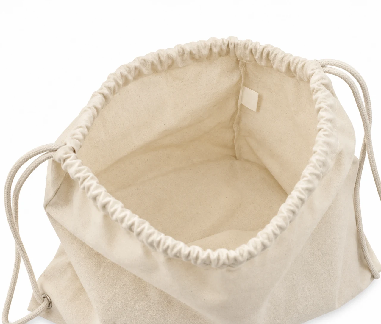 Økologisk bomuldspose, 40 × 45 cm, åbning og indvendig etiket – natur