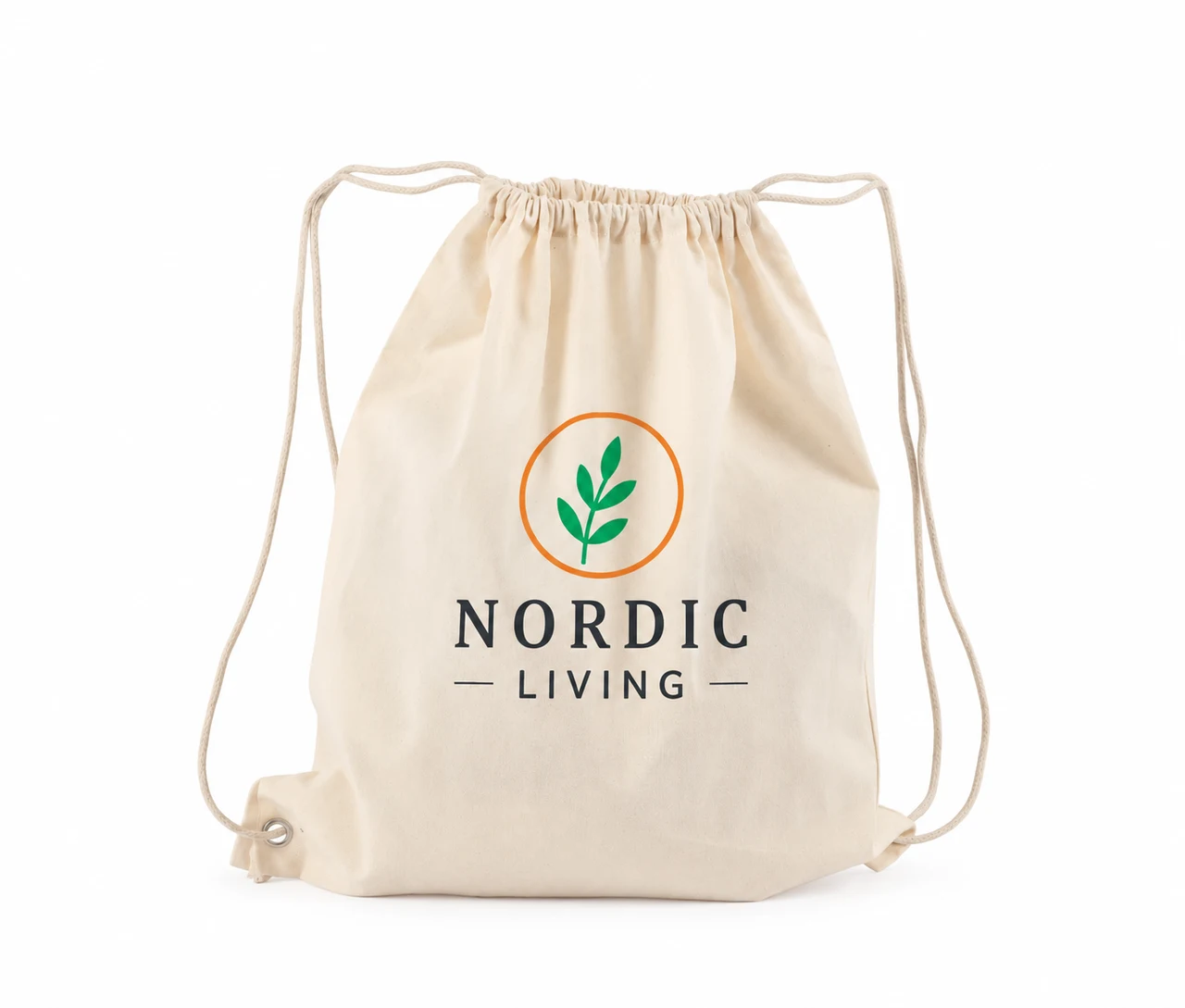 Økologisk bomuldspose, 40 × 45 cm, med eksempel på logotryk i tre farver – natur