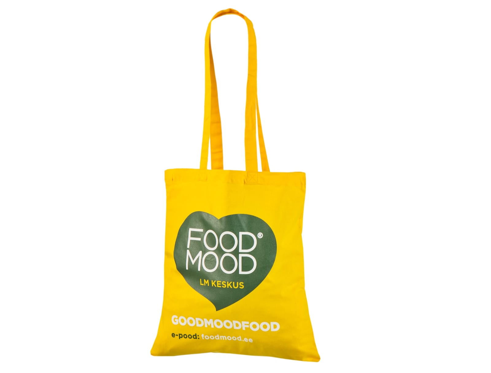 Gul bomuldspose med stort grønt hjerte med FOOD MOOD i hvidt og budskabet GOODMOODFOOD nedenunder.