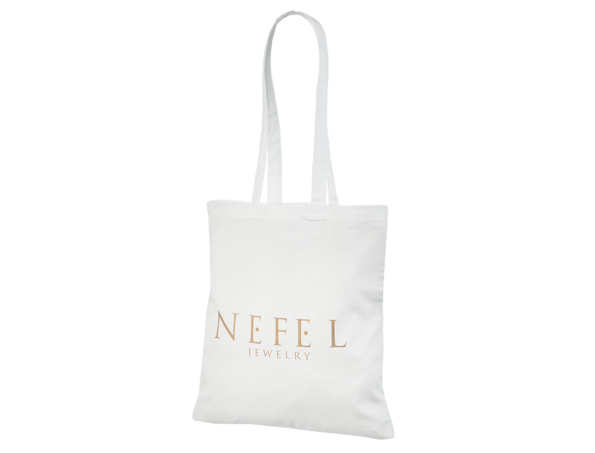 Hvid bomuldspose med lange hanke og et lyst, guldfarvet NEFEL JEWELRY-ordmærke på to linjer.